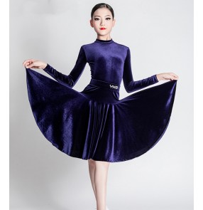 Girls kids navy blue velvet ballroom latin dance dresses modern salsa chacha rumba ballroom dance costumes stage performance skirts for children